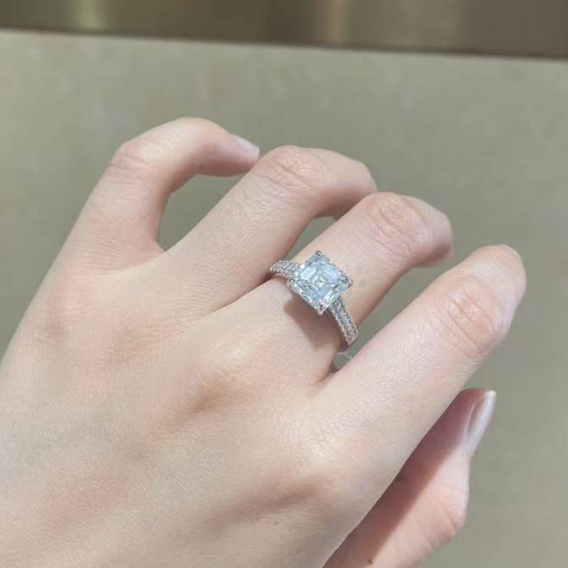 阿斯切方钻S925银镀白金Women's Ring定制选款主石Moissanite2.5ct/副石高碳钻